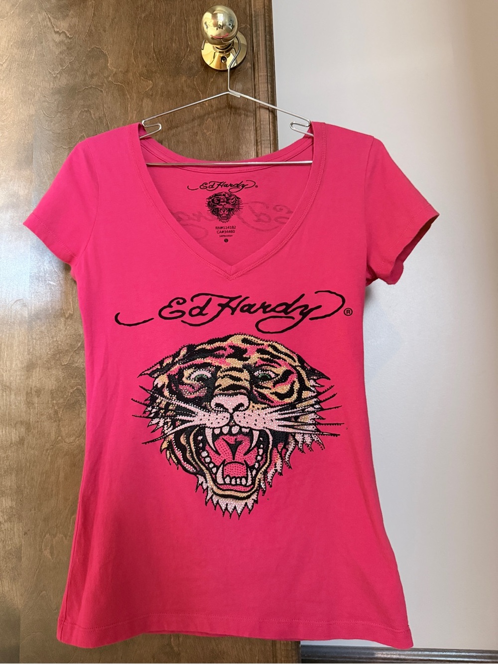Ed Hardy Hot Pink V-Neck Tiger Embroidery Graphic Tee